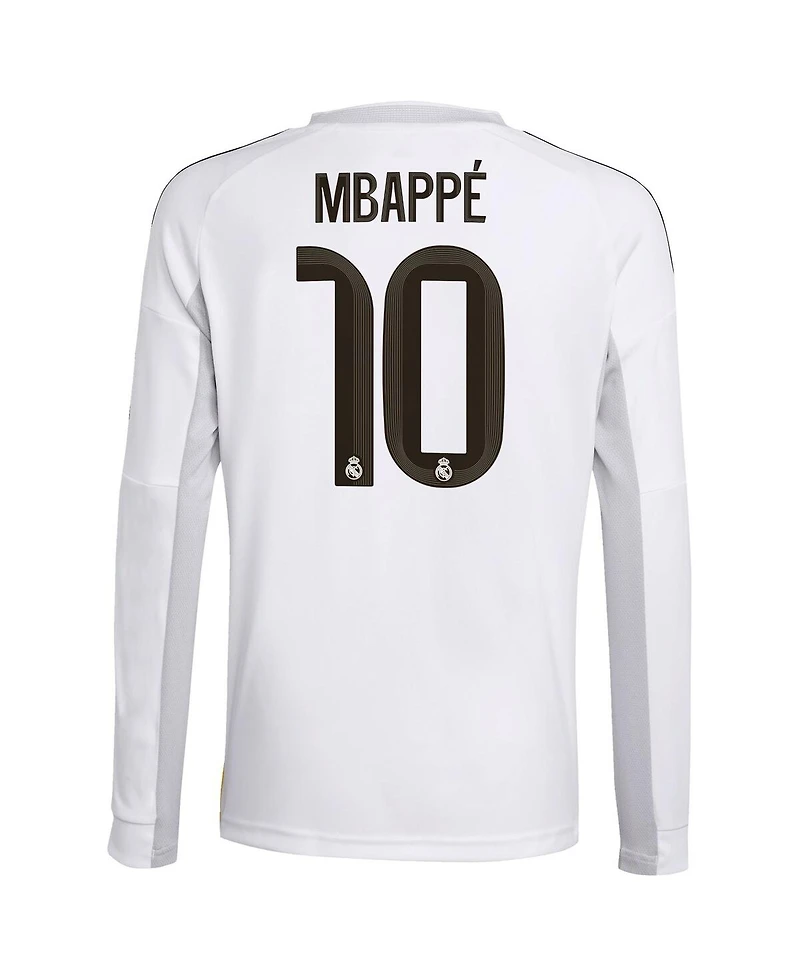 Adidas Big Boys and Girls Kylian Mbappe White Real Madrid 2025/26 Home Replica Long Sleeve Player Jersey