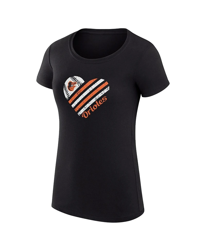 G-iii 4Her by Carl Banks Women's Black Baltimore Orioles Super-Slim Fit Lightweight Heart Graphic T-Shirt