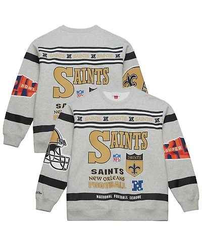 Mitchell & Ness Men's Heather Gray New Orleans Saints All Over Print Vintage Fleece Crewneck Sweatshirt