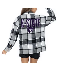 Gameday Couture Women's Grey Kansas State Wildcats Long Sleeve Brushed Plaid Button-Up Overshirt Jacket