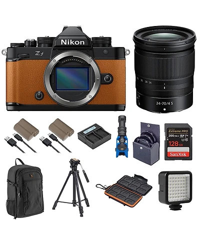 Nikon Z f Mirrorless Camera, Orange with Nikkor Z 24-70mm f/4 S Lens, Bundle with 2x Battery, 128GB Memory Card, Shotgun Microphone, Tripod and
