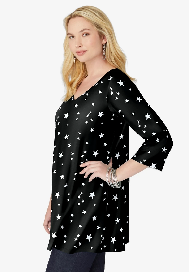 Woman Within Women's Perfect Printed Three-Quarter-Sleeve V-Neck Tunic