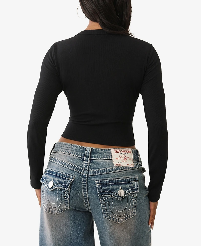 True Religion Women's Buddha V Notch Ribbed Ls T-Shirt
