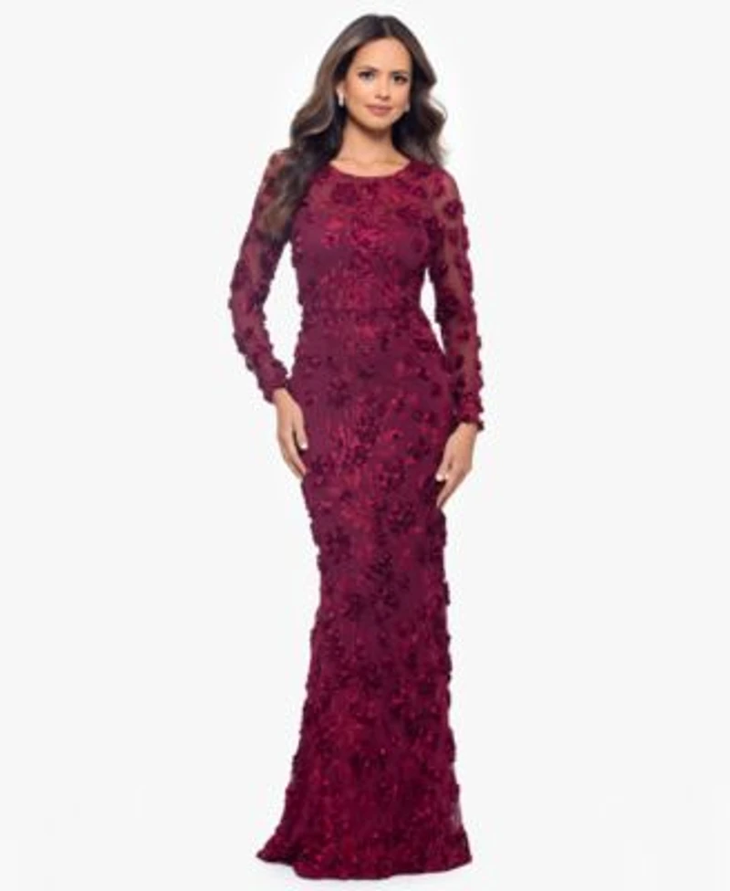 Xscape Womens Long Sleeve Rose Flower Dress