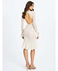 Miss Circle Women's Pamina Beige Crochet Long Sleeve Midi Flare Mermaid Dress