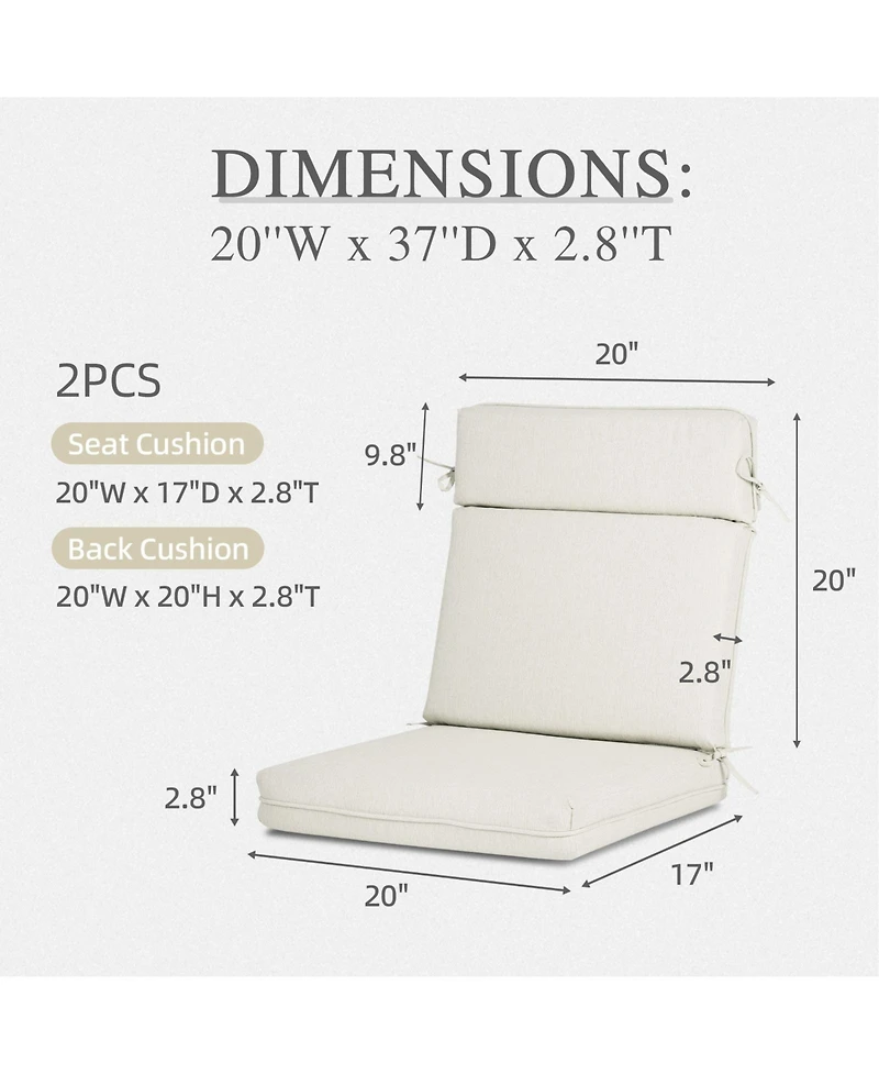 Aoodor Outdoor Dining Chair cushion Set, 37"x20"x2.8" High back with Ties and Zipper, Set of 2