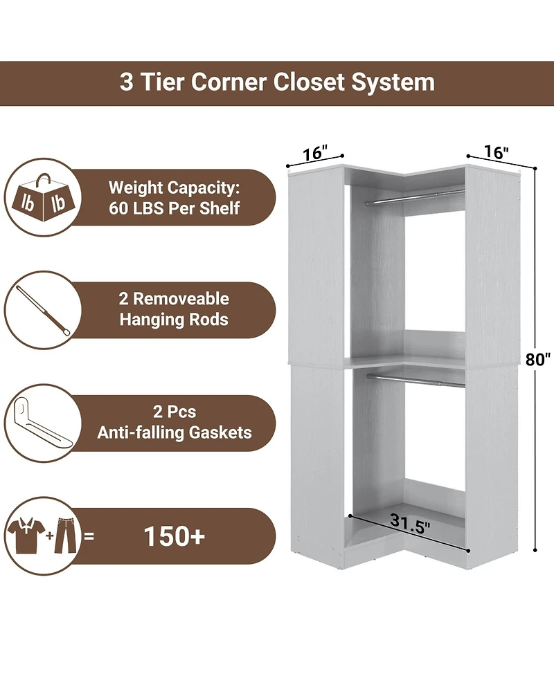 Aheaplus Freestanding Corner Closet Organizer with Hanging Rods, Space-saving System for Walk-in