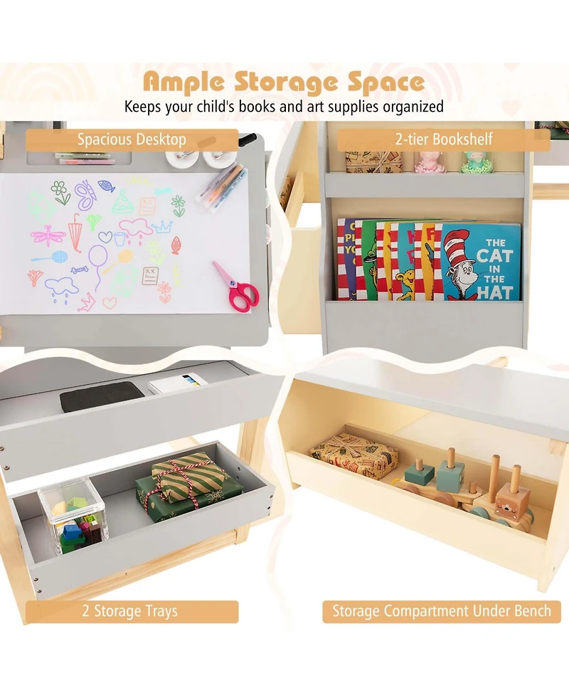 Kids Art Center Wooden Table Bench Set Adjustable Double-Sided Easel Storage