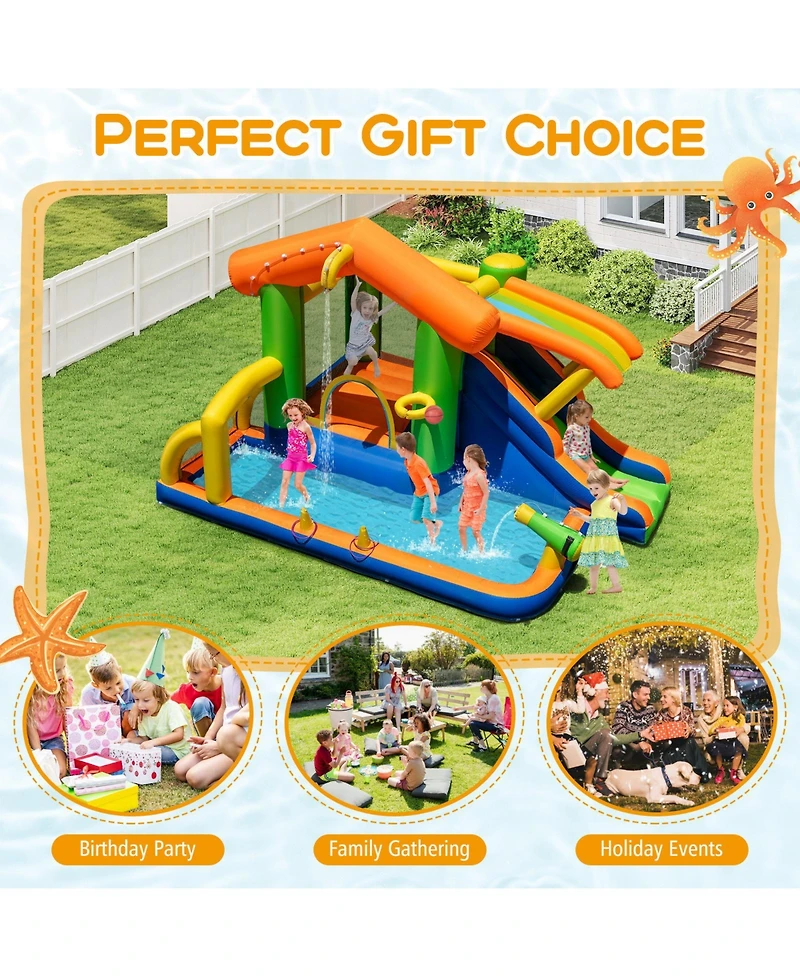 Gymax 8-in-1 Inflatable Bounce House Water Park w/Slide Water Cannon w/ 520W Blower