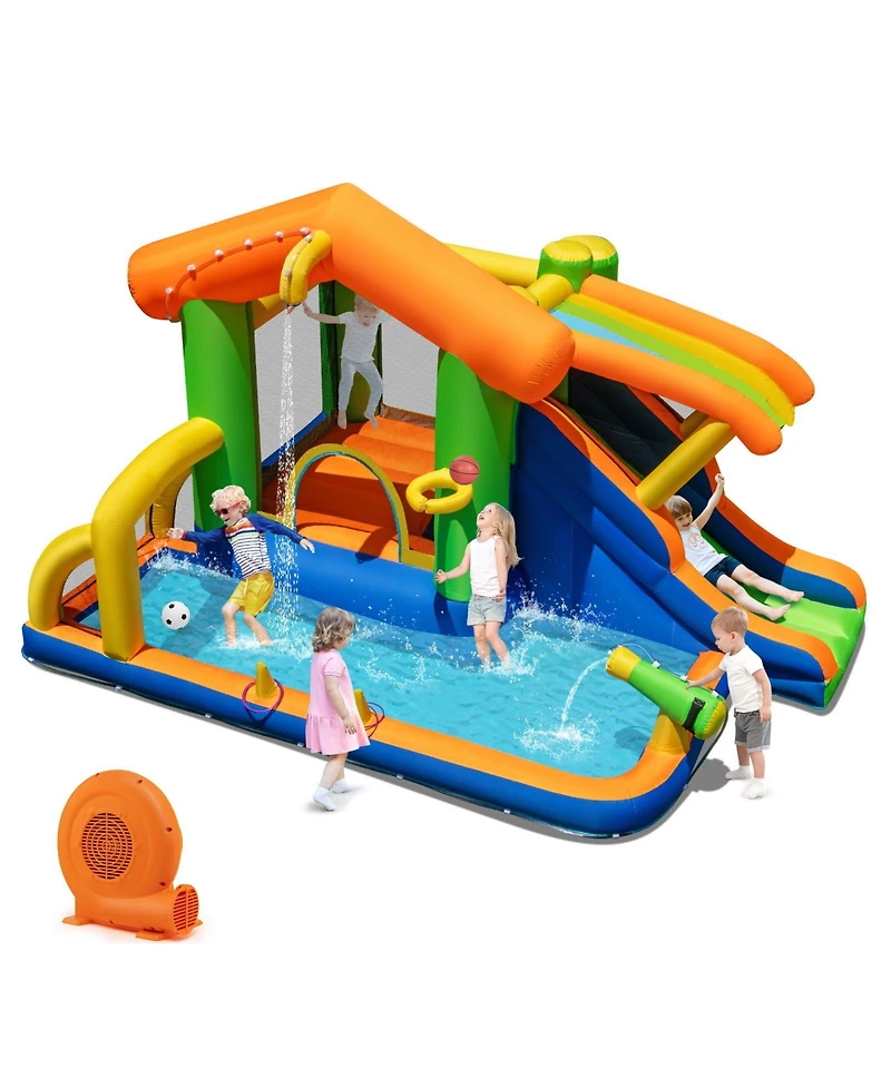 Gymax 8-in-1 Inflatable Bounce House Water Park w/Slide Water Cannon w/ 520W Blower