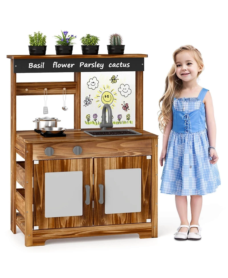 Kids Mud Kitchen Set with Removable Sink Faucet Dual Stoves 4 Planting Pots