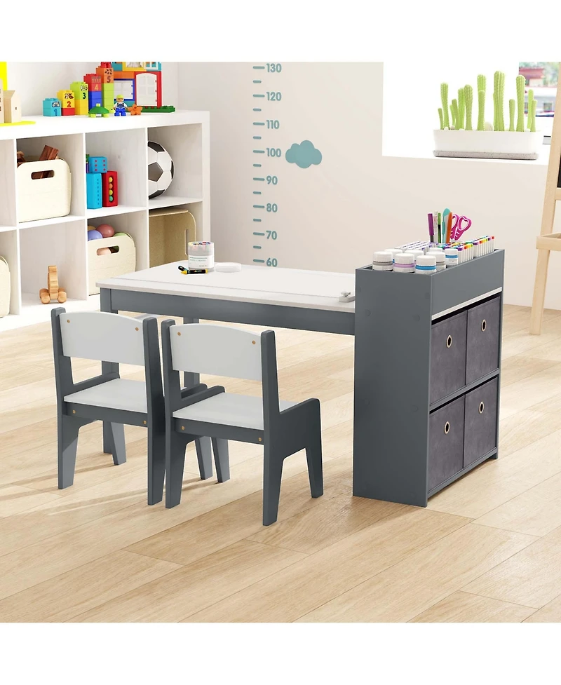 Kids Art Table & Chairs Set with Paper Roll Wooden Craft Study Desk Active Play