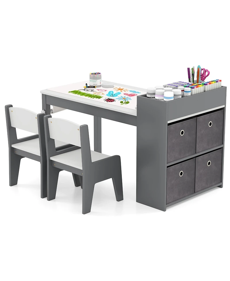 Kids Art Table & Chairs Set with Paper Roll Wooden Craft Study Desk Active Play