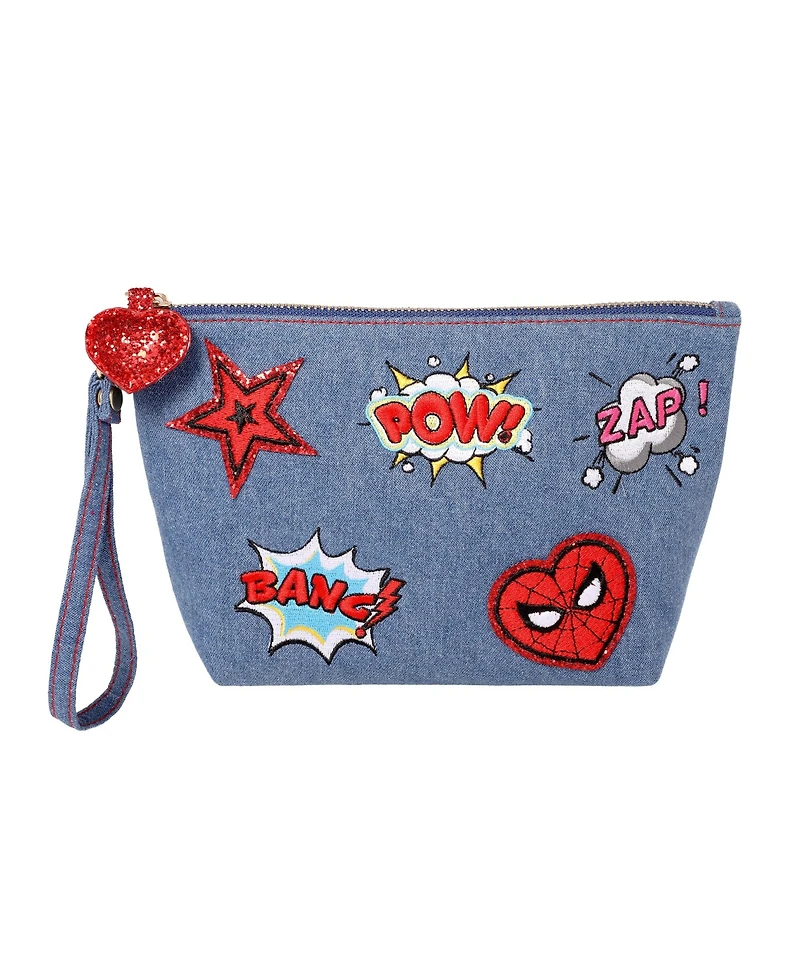 Marvel SpiderMan Denim Patch Cosmetic Pouch with Comic Pop Embellishments