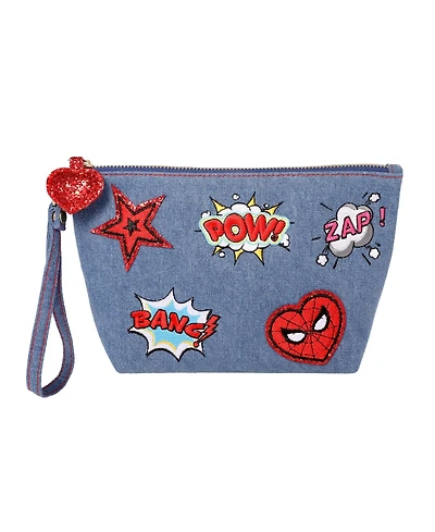 Marvel SpiderMan Denim Patch Cosmetic Pouch with Comic Pop Embellishments