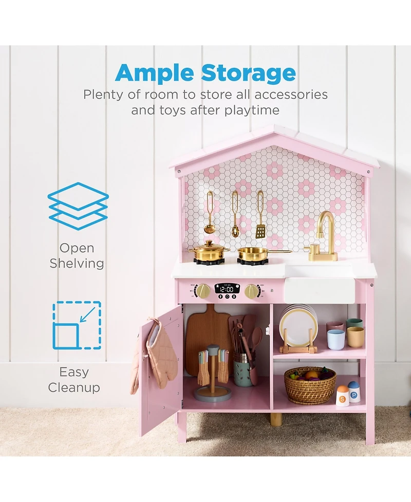 Best Choice Products Pretend Play Wooden Farmhouse Kitchen Set w/ Storage, Clicking Knobs, 5 Accessories