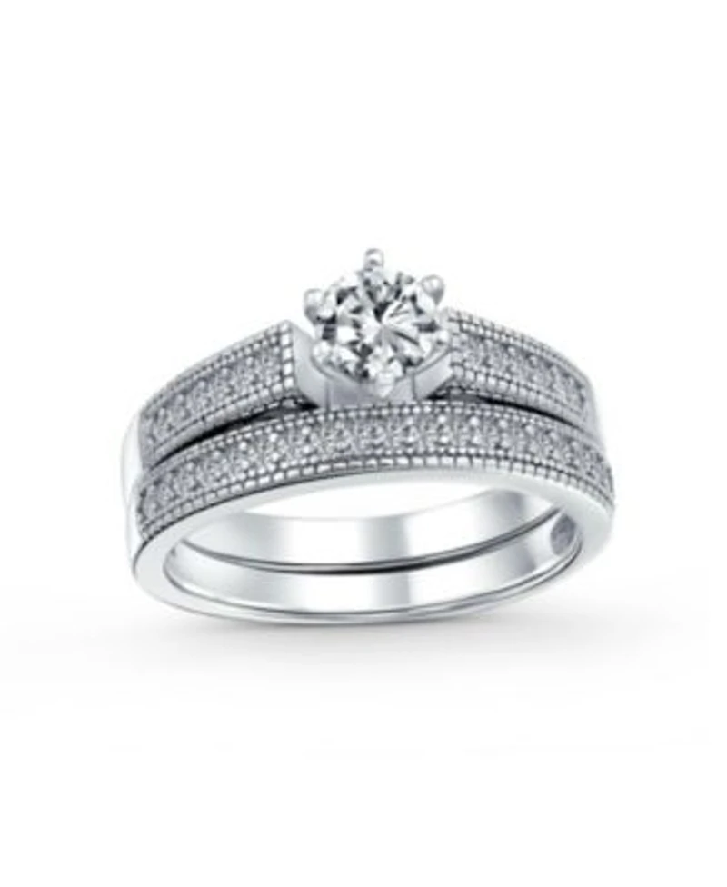 Bling Jewelry 1.5CT Round Cubic Zirconia Solitaire 6 Prong Milgrain Cz Pave Promise Band Ring Set Sterling Silver