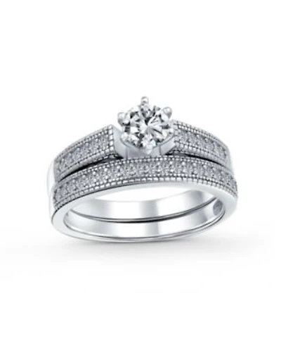 Bling Jewelry 1.5CT Round Cubic Zirconia Solitaire 6 Prong Milgrain Cz Pave Promise Band Ring Set Sterling Silver