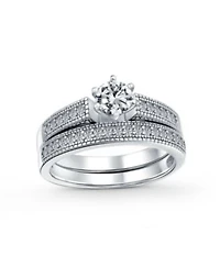 Bling Jewelry 1.5CT Round Cubic Zirconia Solitaire 6 Prong Milgrain Cz Pave Promise Band Ring Set Sterling Silver