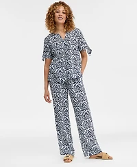 Charter Club Women's 100% Linen Tile Tie-Cuff Split-Neck Top, Macy's Exclusive