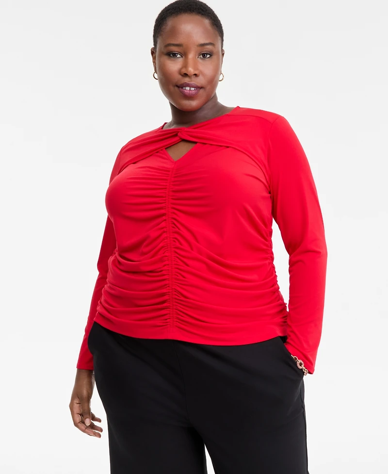 I.n.c. International Concepts Plus Twist-Keyhole Ruched-Front Top, Macy's Exclusive