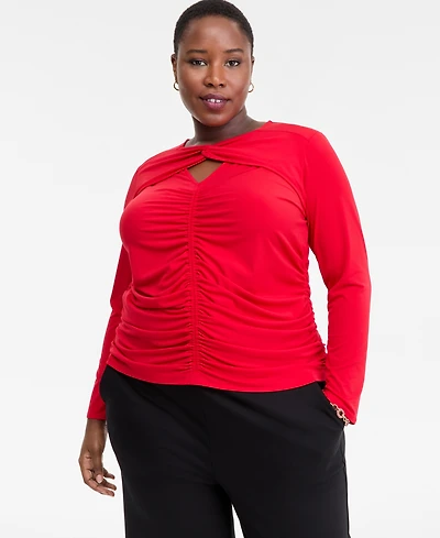 I.n.c. International Concepts Plus Twist-Keyhole Ruched-Front Top, Macy's Exclusive