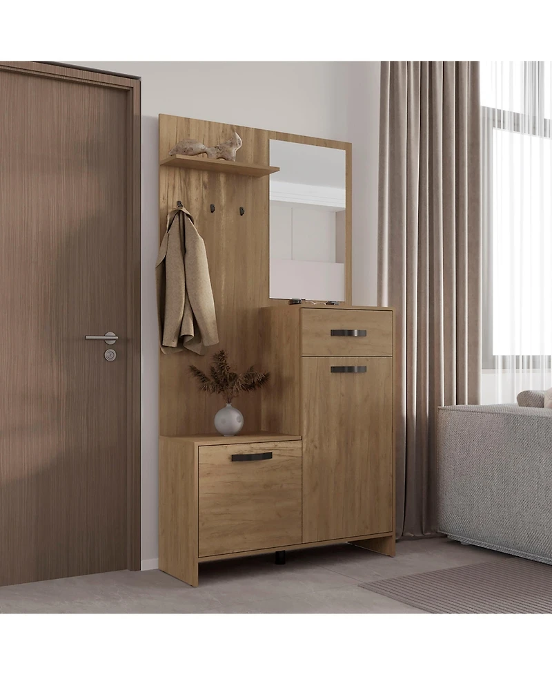Depot E-Shop Olpe Hall Tree, 2 Doors, 1 Drawer, 1 Shelf, 1 Mirror, Natural Oak