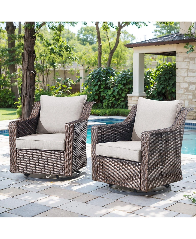 Gymojoy Slimline Brown Wicker Patio 2-Piece Swivel Chairs Outdoor Rocking Chair with Thick Deep CushionGuard Olefin Cushion