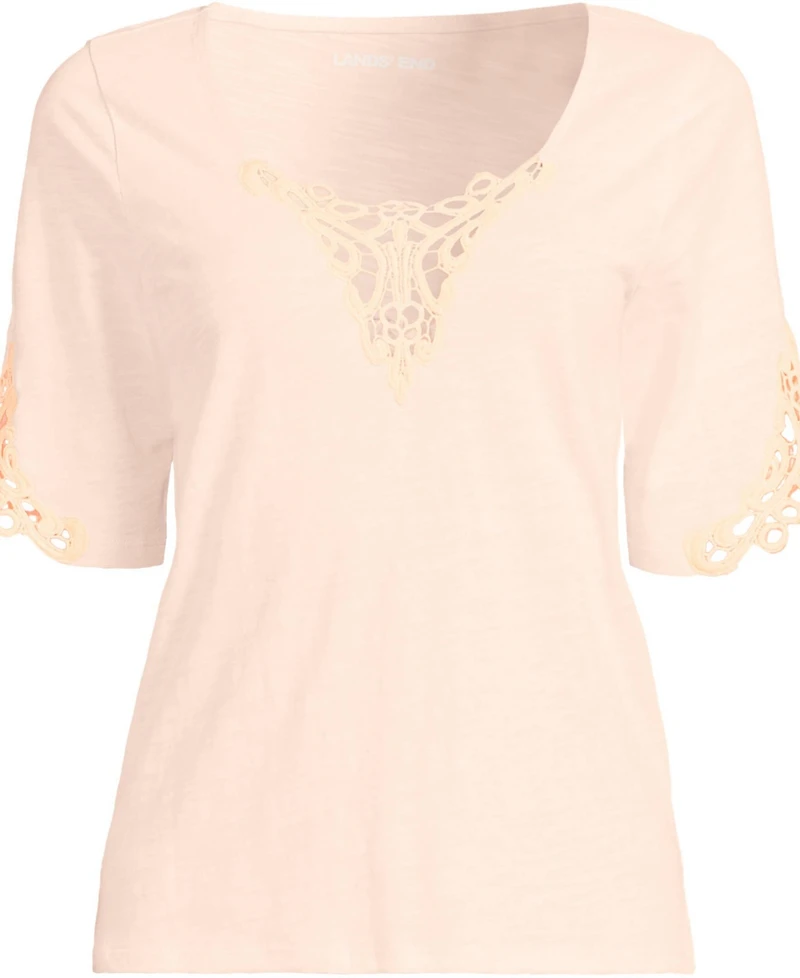 Lands' End Plus Elbow Sleeve Slub Lace Trim T-Shirt