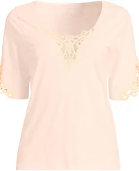 Lands' End Plus Elbow Sleeve Slub Lace Trim T-Shirt