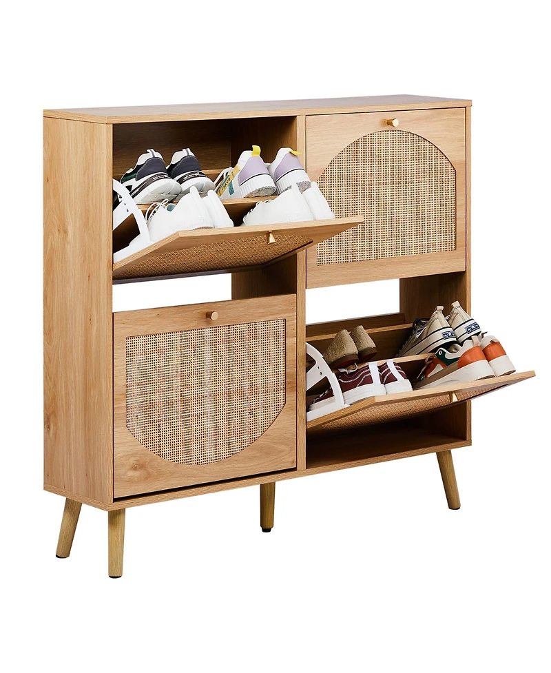 Slickblue Shoe Cabinet with 2 Rows of 4 Dump Buckets High Feet Arched Rattan Surface