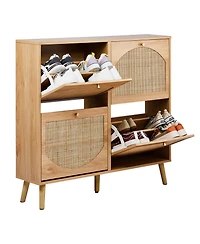 Slickblue Shoe Cabinet with 2 Rows of 4 Dump Buckets High Feet Arched Rattan Surface