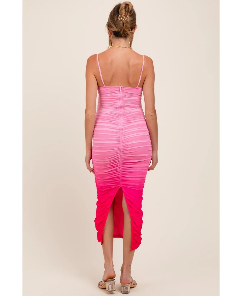 Pink Mesh Ombre Ruched Maternity Midi Dress