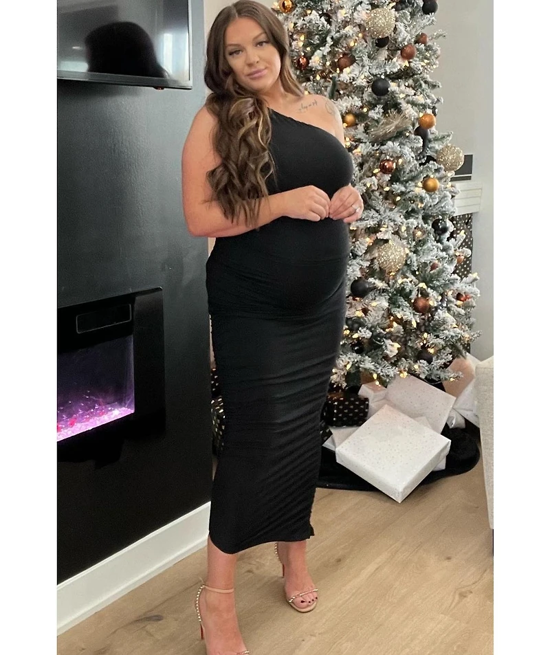 PinkBlush Black Ruched One Shoulder Maternity Dress
