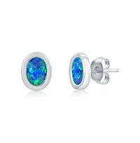 Sterling Silver, Oval Blue Opal Necklace & Earrings Set