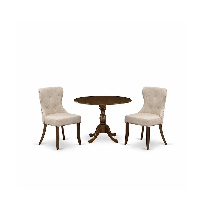 East West Furniture 3 Piece Dining Table Set Includes 1 Drop Leaves Wooden Table and 2 Light Tan Linen Fabric Dinning Chairs Button Tufted Back white