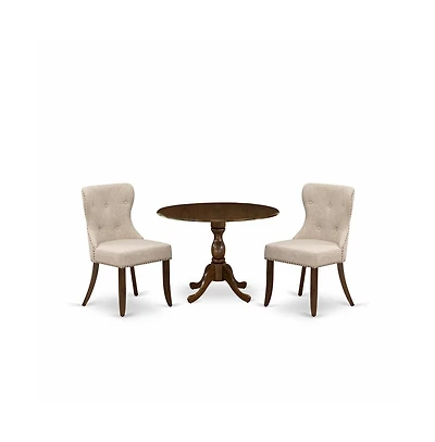 East West Furniture 3 Piece Dining Table Set Includes 1 Drop Leaves Wooden Table and 2 Light Tan Linen Fabric Dinning Chairs Button Tufted Back white