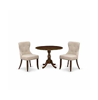 East West Furniture 3 Piece Dining Table Set Includes 1 Drop Leaves Wooden Table and 2 Light Tan Linen Fabric Dinning Chairs Button Tufted Back white
