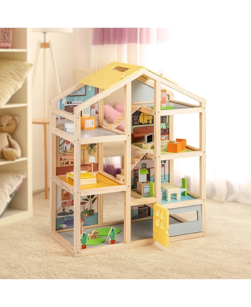 Kids Wooden Dollhouse with 7 Rooms 18 Pcs Furniture Accessories 2 Figures