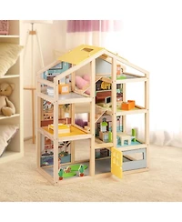 Kids Wooden Dollhouse with 7 Rooms 18 Pcs Furniture Accessories 2 Figures