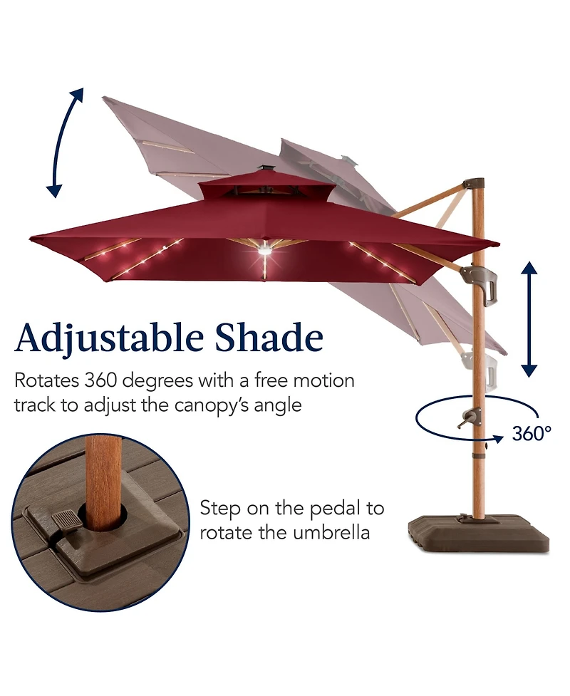 Best Choice Products 10ft Square Woodgrain Pattern 2-Tier Outdoor Solar Led Cantilever Umbrella w/ Base