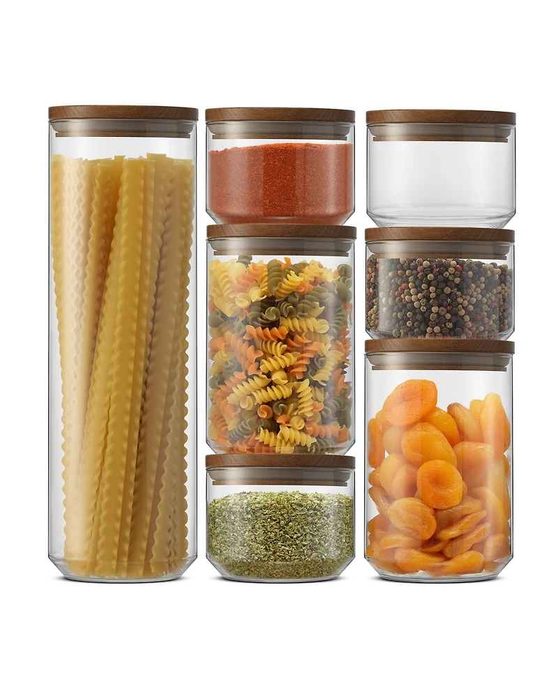 JoyJolt Holden 7-Pc. Stackable Glass Storage Canister Set with Wood Lids