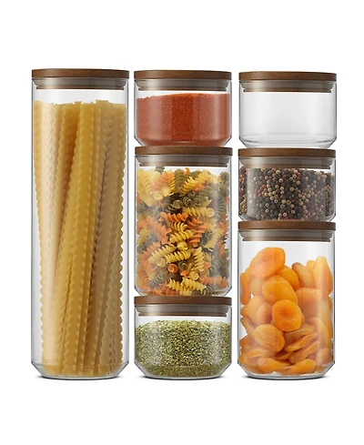 JoyJolt Holden 7-Pc. Stackable Glass Storage Canister Set with Wood Lids