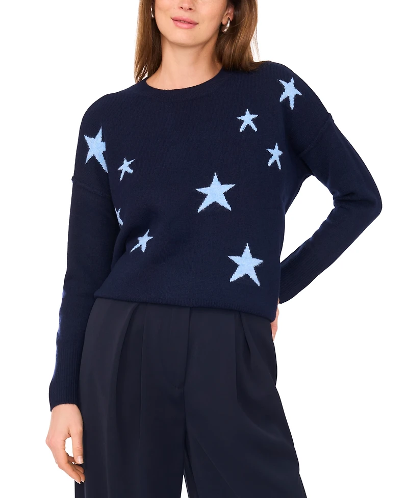 Vince Camuto Women's Cozy Crewneck Star-Print Dropped-Shoulder Sweater