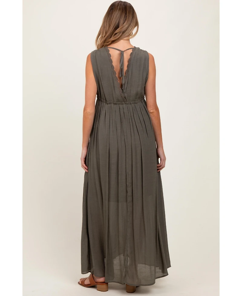 Pinkblush Olive Deep V-Neck Sleeveless Button Down Maternity Maxi Dress