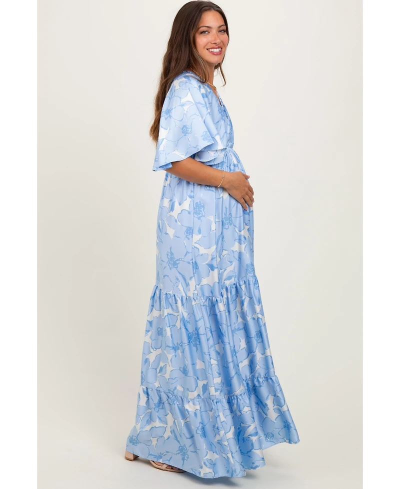 Pinkblush Maternity Floral Short Sleeve Deep V-Neck Tiered Maxi Dress