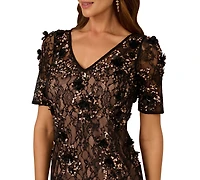 Adrianna Papell Women's Bead Lace Sheath V-Neck Dress