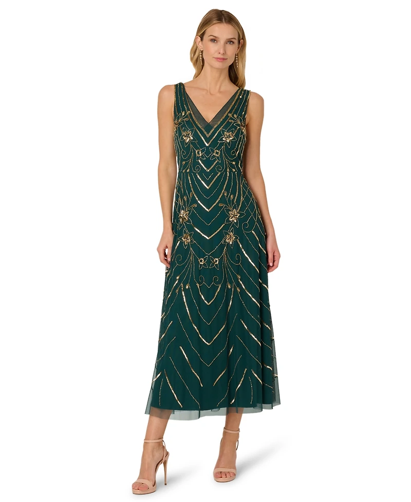 Adrianna Papell Women's Beaded V-Neck Sleeveless Mesh Dress
