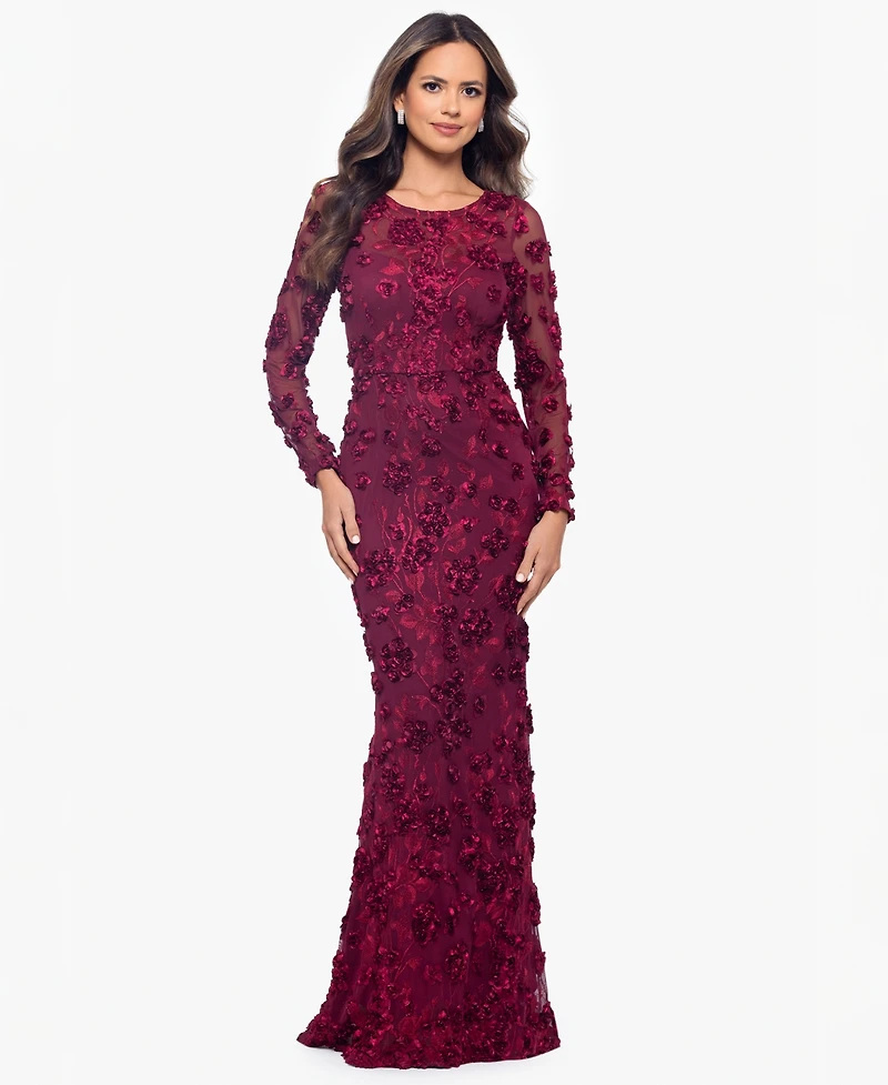 Xscape Petite Raised Flower Crewneck Long Gown Dress