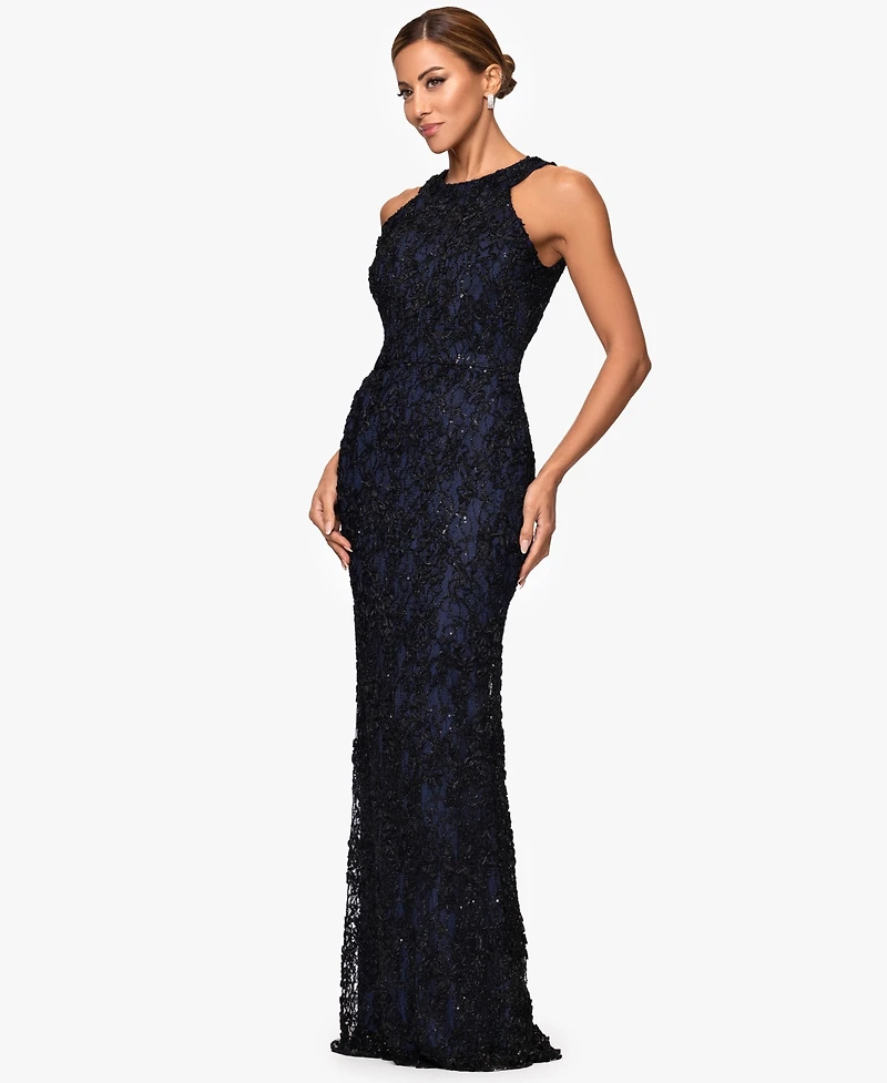 Xscape Petite High-Neck Sleeveless Lace Sheath Gown
